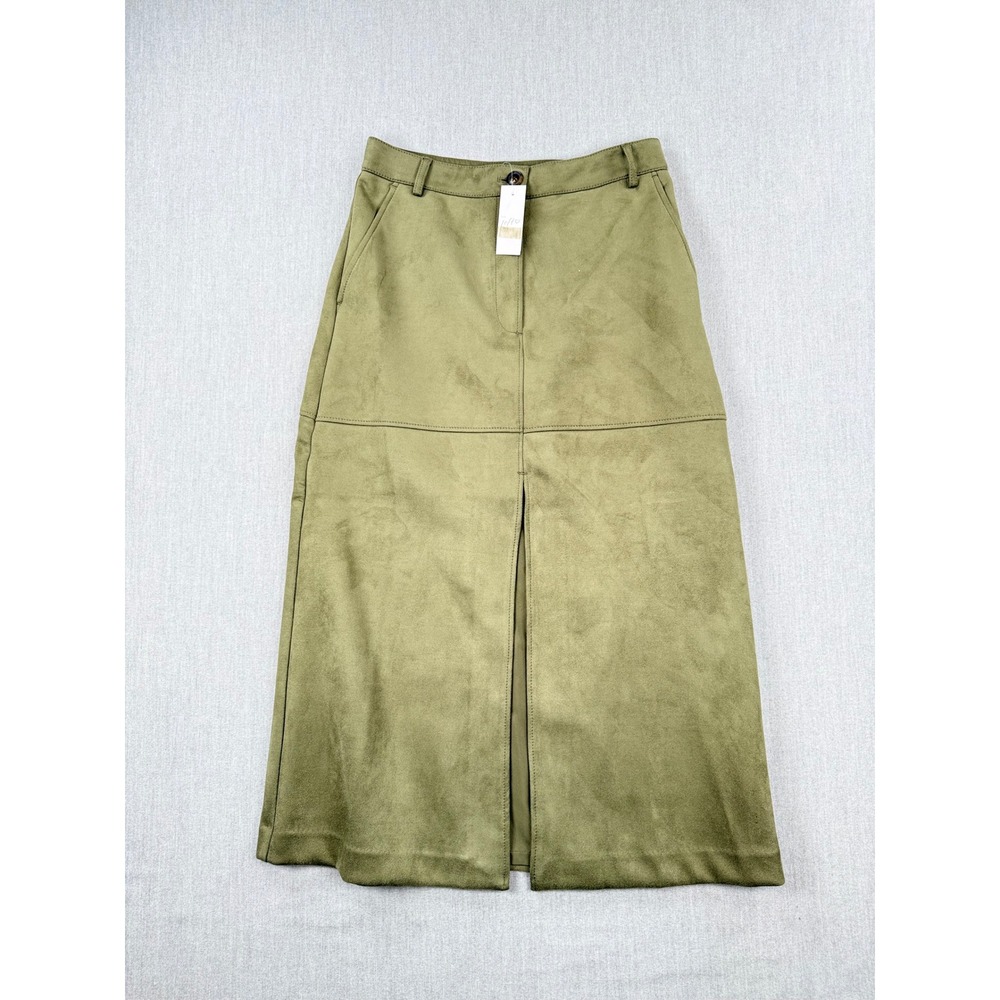 LOFT Womens Olive Green Faux Suede Midi Skirt Front Slit Size 4 A-Line Pocketed